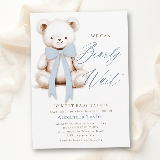 Convite Urso Azul Suave Mal Mal Pode Esperar Chá de Bebê M (modern minimalist baby shower invitation bearly wait teddy bear bow calligraphy dusty blue)