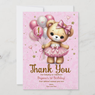 Convite Urso Bailarina Rosa Balão Brilho Obrigado