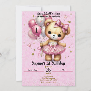 Convite Urso Bailarina Rosa Balão Lantejoulas 1º Aniversár