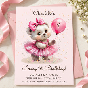 Convite Urso Bailarina Rosa Primeiro Aniversário Beary