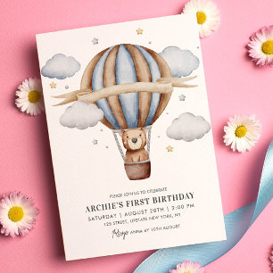 Convite Urso Balão Aquarela Meninos 1º Aniversário Fofo