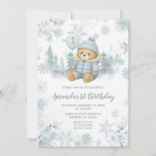 Convite Urso Balão Floresta Inverno Azul Primeiro Aniversá