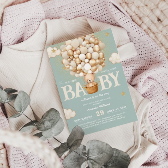 Convite Urso Balões Esperam Chá de fraldas verde (Criador carregado)