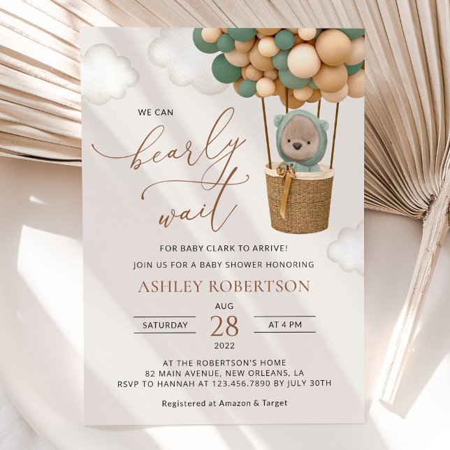 Convite Urso, Balões Verdes, Balão de Ar Quente, Chá de fr (Criador carregado)