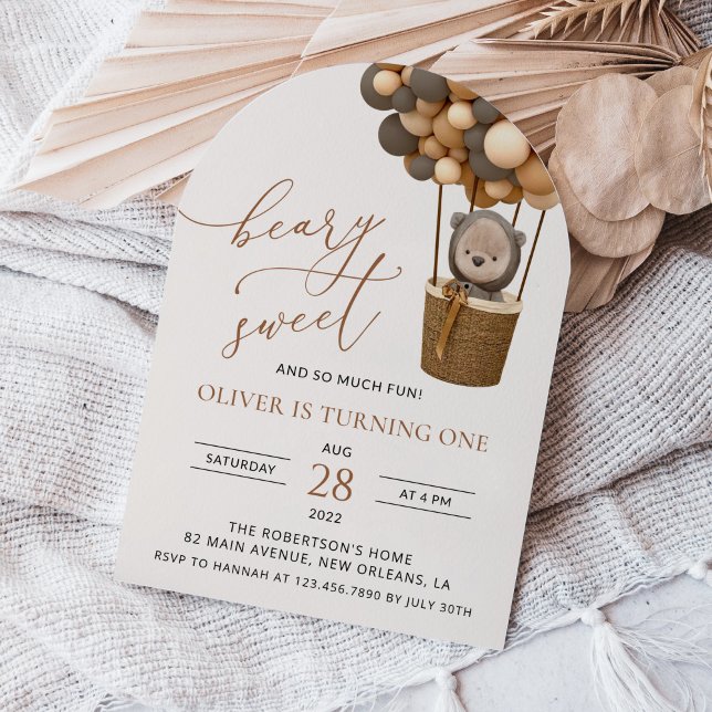 Convite Urso Bastante, Balões Marrons, Primeiro Aniversári (Criador carregado)