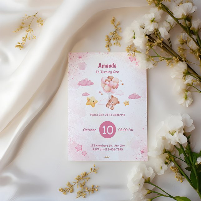 Convite Urso Bebê Bonito com primeiro aniversario de Balõe (Criador carregado)