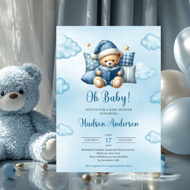 Convite Urso bebê bonito lendo Chá de fraldas de um menino (cute teddy bear reading a book oh baby boy baby shower invitation)