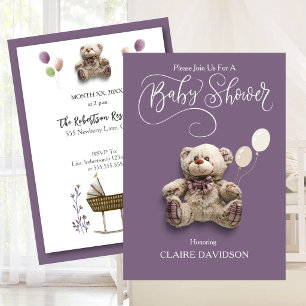 Convite Urso Bebê Fofo com Balões Roxo Branco
