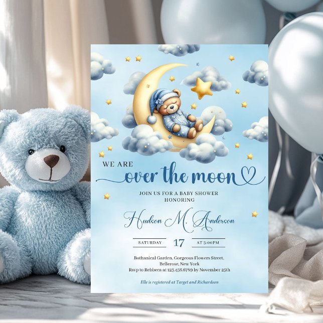 Convite Urso bebê Trendy dormindo sobre a lua de ouro (we are over the moon - boy baby shower invitation with teddy bear)