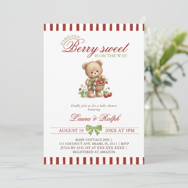 Convite Urso Berry Sweet Churrasco de Bebê Morango (Em pé/Frente)