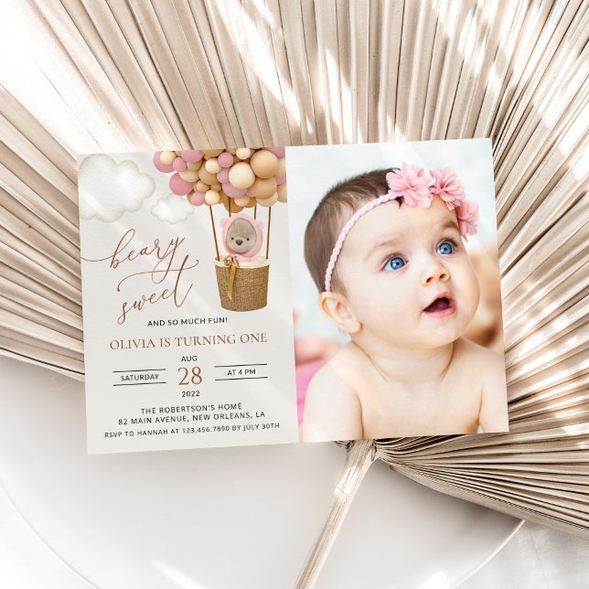 Convite Urso Bonito, Balões Rosa, Primeiro Aniversário (Criador carregado)