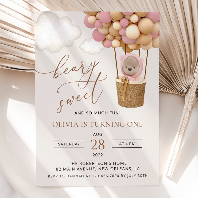 Convite Urso Bonito, Balões Rosa, Primeiro Aniversário (Criador carregado)