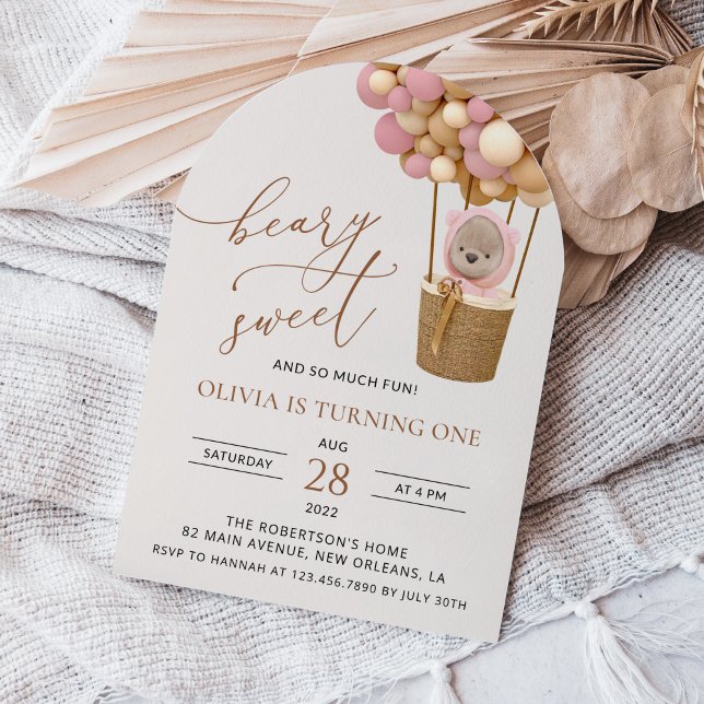Convite Urso Bonito, Balões Rosa, Primeiro Aniversário (Criador carregado)
