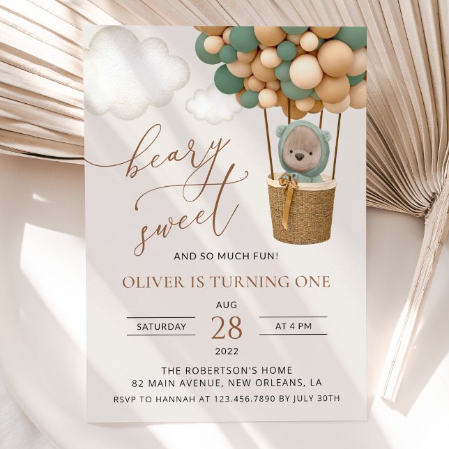 Convite Urso Bonito, Balões Verdes, Primeiro Aniversário (Criador carregado)