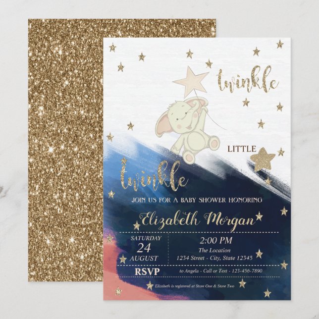 Convite Urso Brilho Dourado Chá de Bebê Twinkle Little Sta (Frente/Verso)