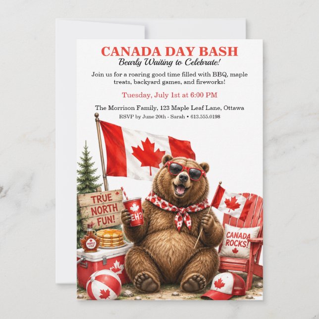 Convite Urso canadense engraçado Festa do Dia do Canadá Ch (Frente)