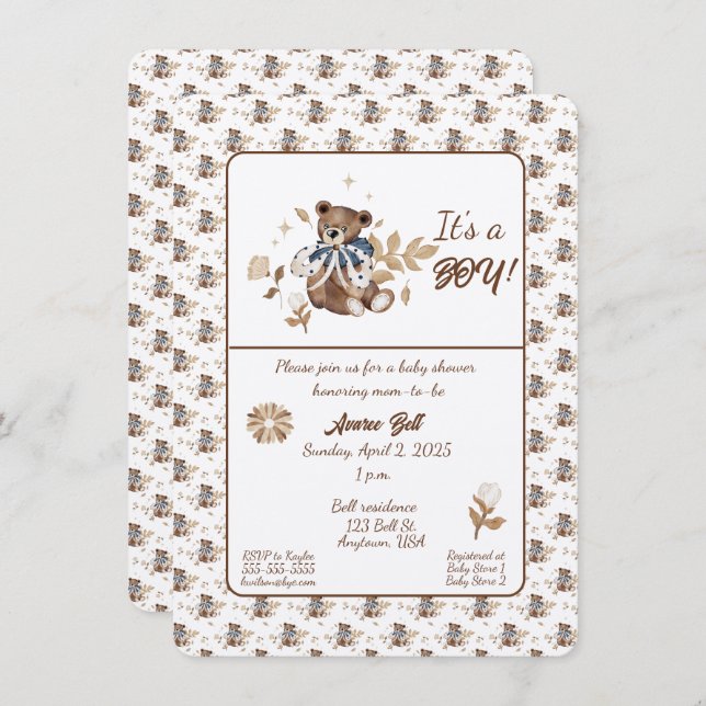 Convite Urso Castanho de Teddy É Um Menino! Chá (Frente/Verso)