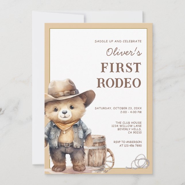 Convite Urso Caubói Ocidental Primeiro Rodeio Aniversário (Frente)