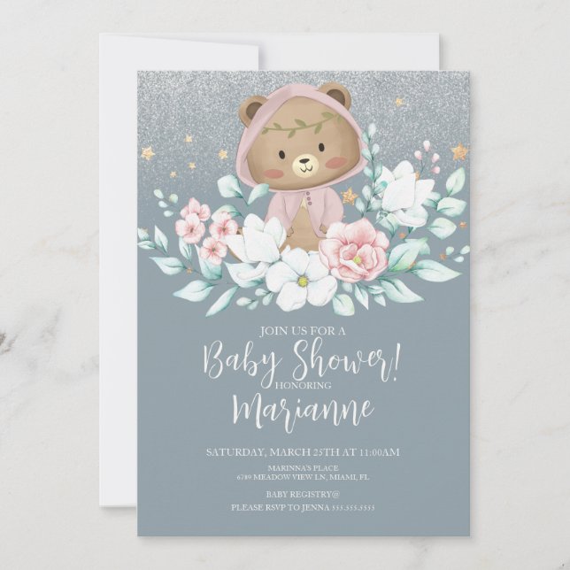 Convite  Urso Chuveiro de Bebê Floral Brilho Rosa (Frente)