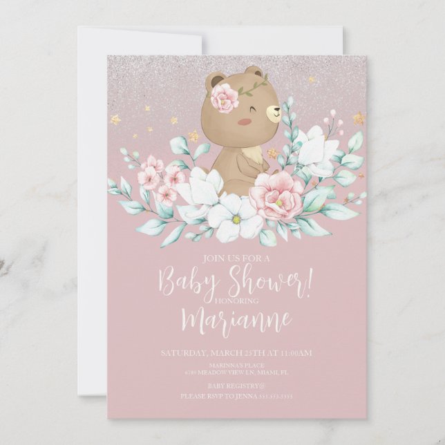 Convite  Urso Chuveiro de Bebê Floral Brilho Rosa Suave  (Frente)