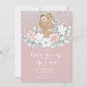 Convite Urso Chuveiro de Bebê Floral Brilho Rosa Suave