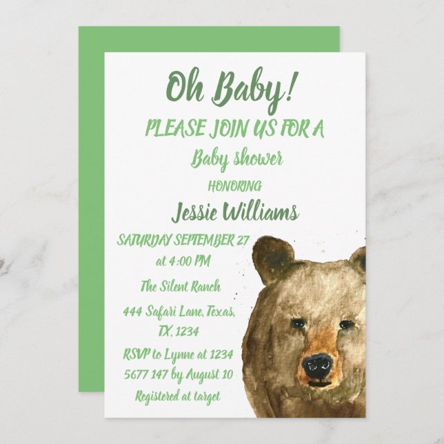 Convite Urso-Cinto Animais Florestais Verdes chá Bebê (Frente/Verso)