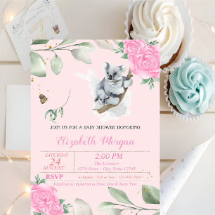 Convite Urso Coala Fofo, Folhas, Chuveiro de Bebê Floral