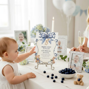 Convite Urso Coelhinho Azul Caprichoso Primeiro Aniversári