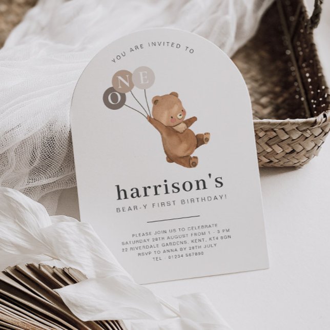 Convite Urso com 3 Balões Marrons 1 Arco de rua Aniversári (Zazzle Bear with 3 Brown Balloons 1st Arch Birthday Invitation)