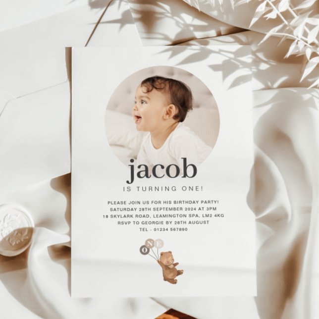 Convite Urso com 3 Balões Marrons - Foto Aniversário (Bear with 3 Brown Balloons - Photo Birthday Invitation)