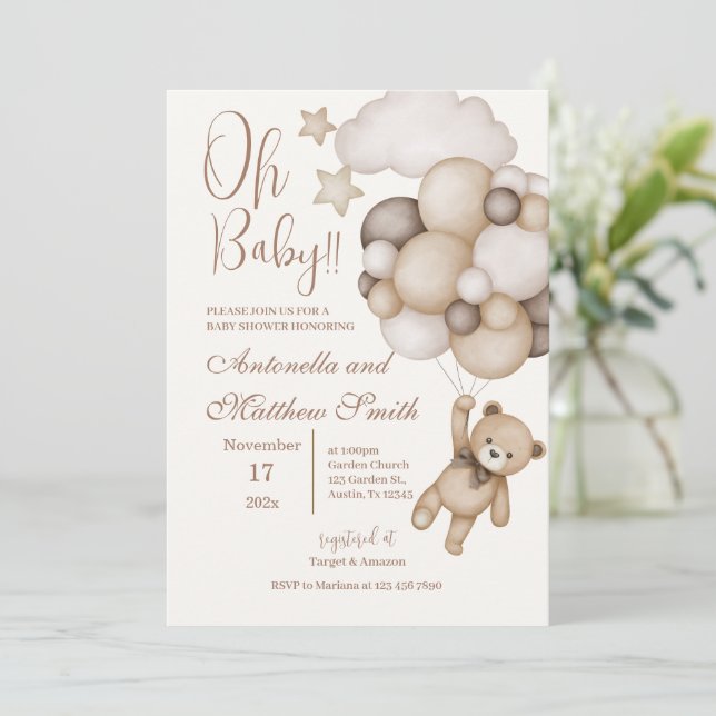 Convite urso com chuveiro de bebê de balões (Em pé/Frente)