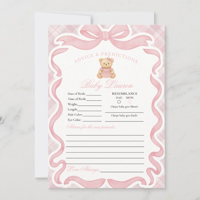 Convite Urso com Laço Coquete Rosa Menina Conselho para Ca (Frente)