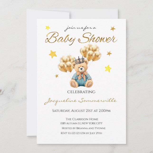 Convite Urso Coroa Dourada balões Chá de fraldas É um Meni (Frente)