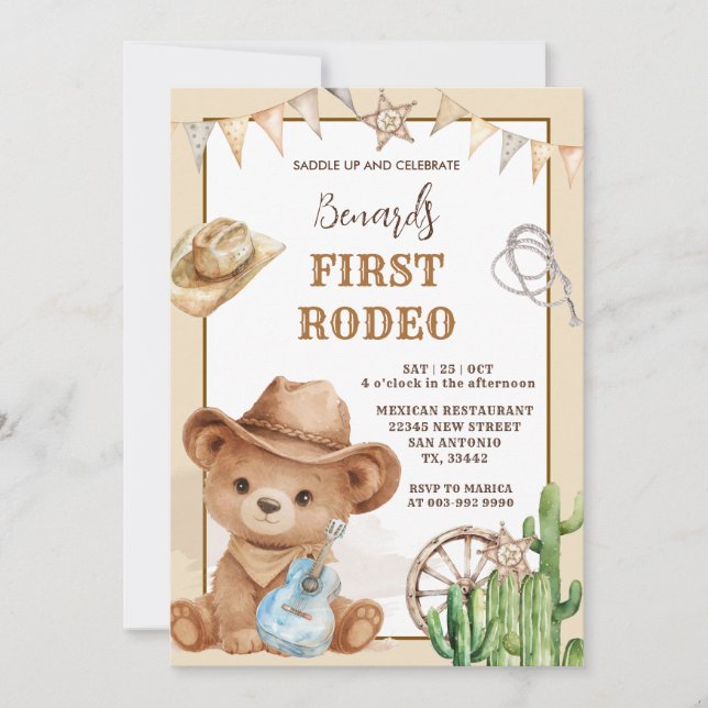 Convite Urso Cowboy Western Primeiro Rodeio Aniversário (Frente)
