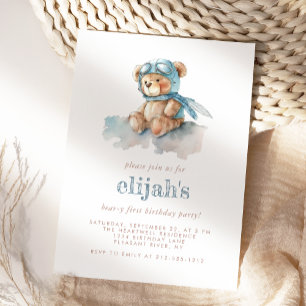 Convite Urso de 1º Aniversário Azul Aquarela Teddy Bear