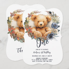 Convite Urso de 1º Aniversário Menino Personalizável e Edi