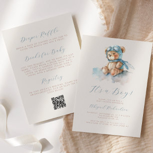 Convite Urso de Aguarela Azul Código QR Festa de Bebê Meni