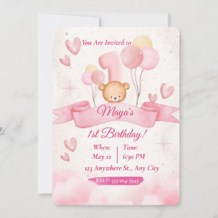 Convite Urso de Aguarela Rosa Aniversário de 1 Ano Menina