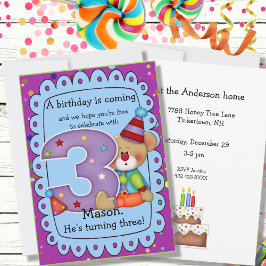Convite Urso de Aniversário Bonito Convide 3 Anos