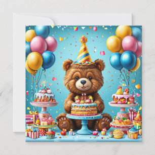 Convite Urso de aniversário com bolo e balões