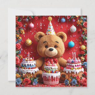 Convite Urso de aniversário com bolo e balões