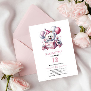 Convite Urso de Aniversário de Menina Adorável Balões Rosa
