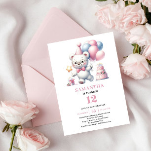 Convite Urso de Aniversário de Menina Fofa Balões Rosa Mar