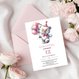 Convite Urso de Aniversário de Menina Rosa Balões de Marfi
