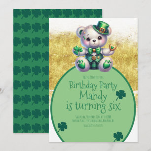 Convite Urso de aniversário dourado verde do dia de São Pa
