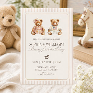 Convite Urso de aniversário gêmeos neutro Teddy Bear