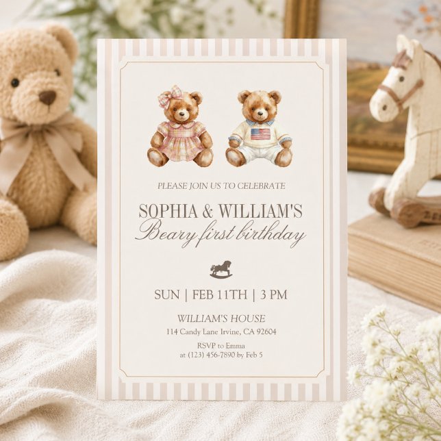 Convite Urso de aniversário gêmeos neutro Teddy Bear (Criador carregado)