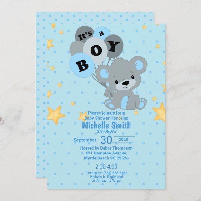 Convite Urso de Aquarela Bonito É um Balão de Menino (Frente/Verso)