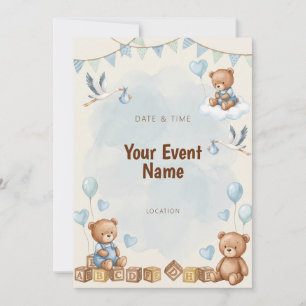 Convite Urso de Aquarela Grou Bloco de Madeira Azul