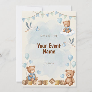 Convite Urso de Aquarela Grou Bloco de Madeira Azul